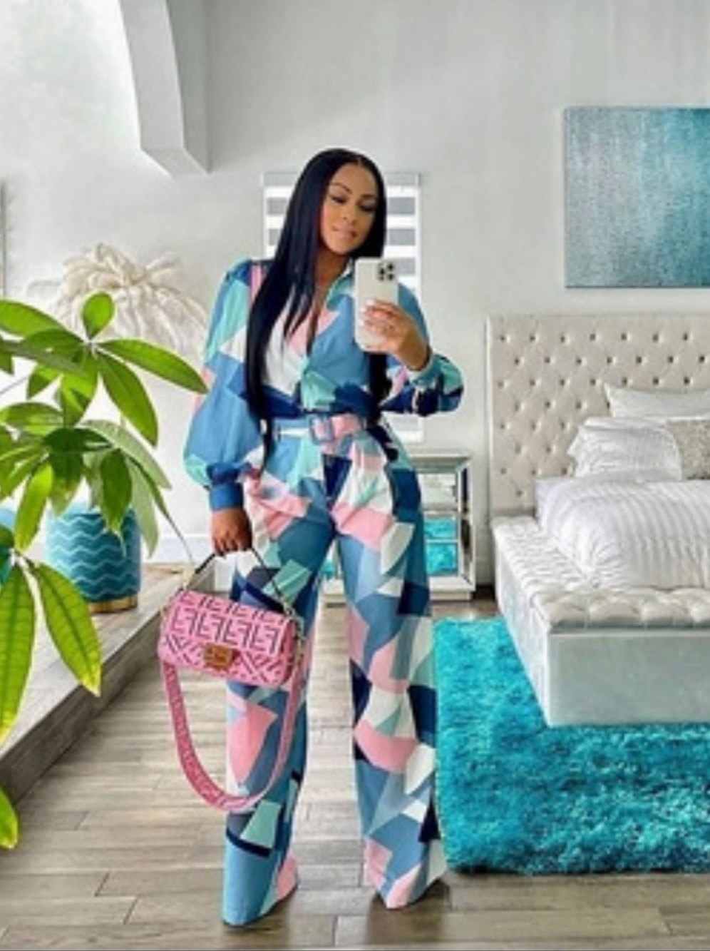 Geometric Pants Set in Blue & Pink Like New